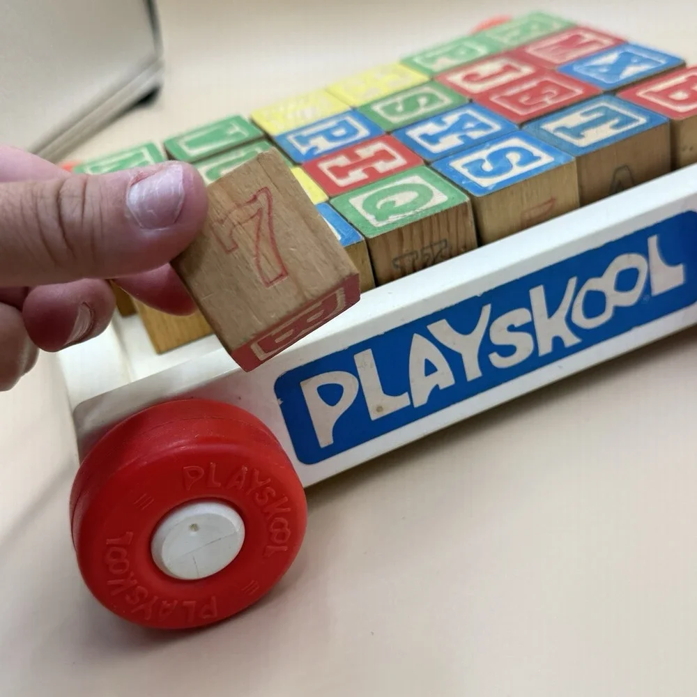 Playskool Wagon Pull Along Toy Cart With Wooden Letter Blocks Vintage 70s Retro